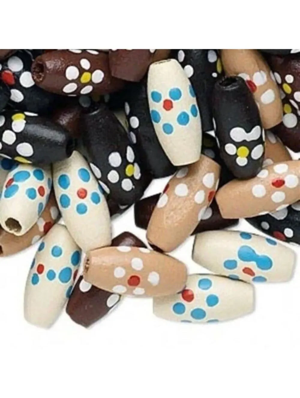 100 Artisan Wood Beads Hand Painted Flowers 15x8mm Oval White Brown Tan & Black